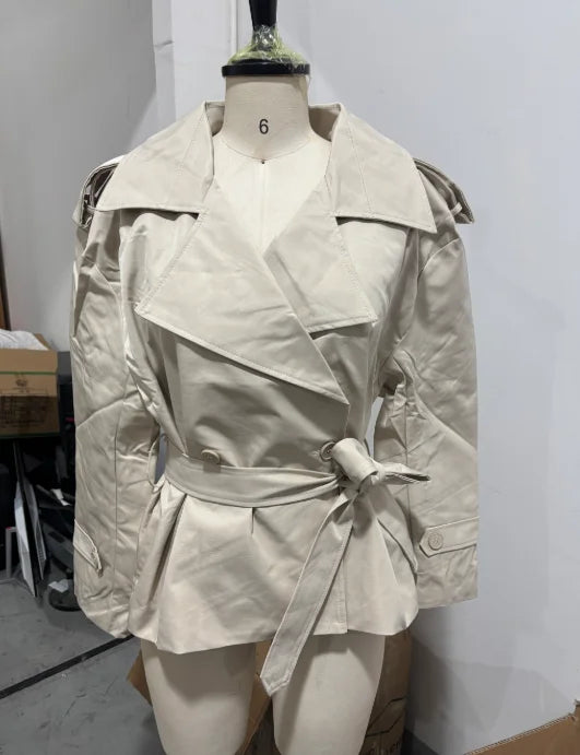 Fashion Women Lace Up Cropped Trench Coat 2026 Lapel Long Sleeves Wide Shoulder Windbreaker Jacket Lady Spring Commuting Outwear LadyShow.Store