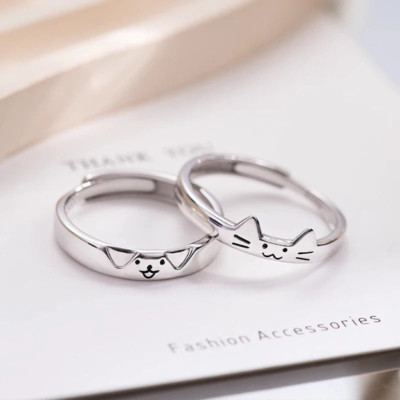 2pcs Simple Design Cute Cat Dog Animal Adjustable Couple Ring for Women Men Cartoon Fashion Couple  Friends Rings Jewelry Gifts Pi-Mart