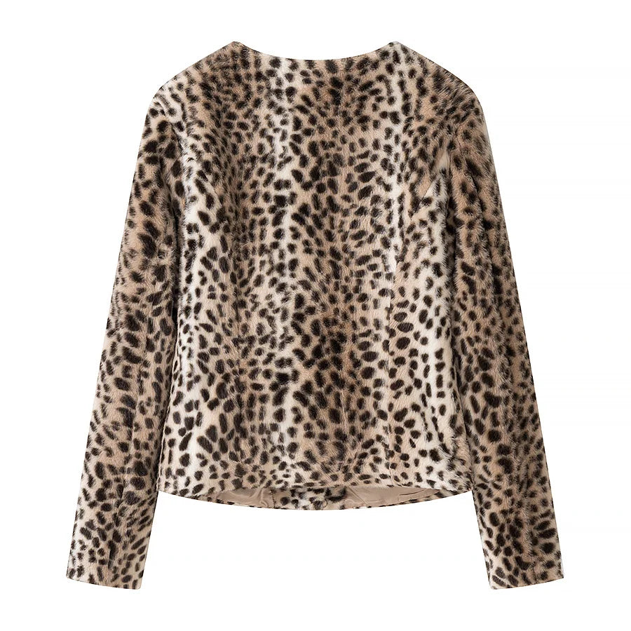 Retro Leopard Faux Fur Short Coat Lady Chic O-neck Single Button Placket Spotted Dot Cropped Long Sleeve Outerwear Street Jacket Pi-Mart