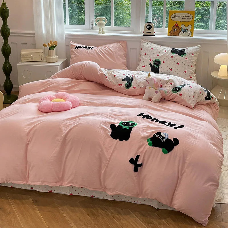 Cute Cat  Bedding Set For adults kids Brown pink Lovely Bed Sheet set With Pillowcases Colorful King Queen Full size LadyShow.Store