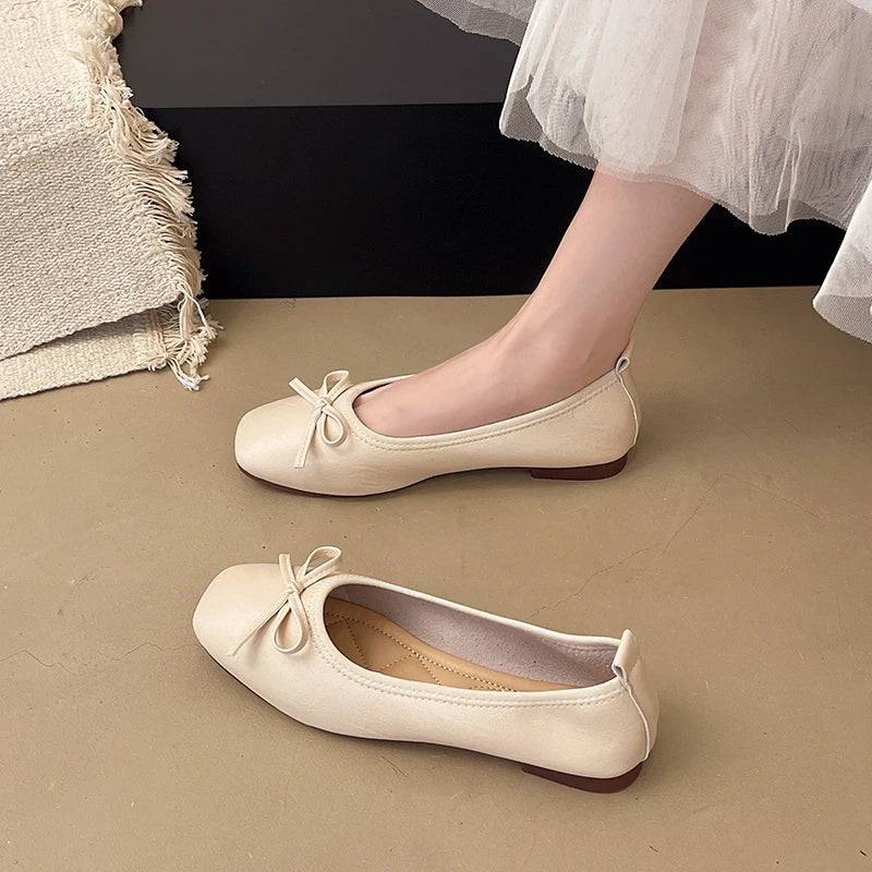 2026 Brand Women Flats Spring New Square Toe Bowknot Ladies Casual Ballet Shoes Big Size Slip on Soft Eelgant Dress Shoes 12457 Pi-Mart