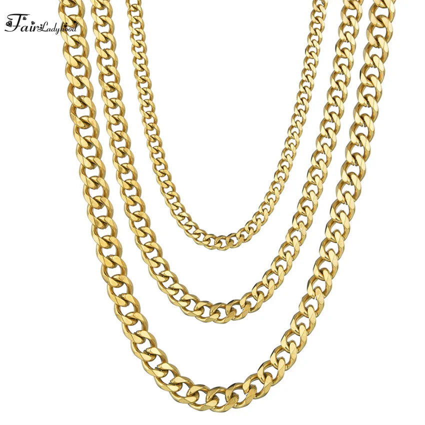1 piece Size 3.6mm-9mm Men's Necklace Stainless Steel Cuban Link Chain Bracelet Necklace Steel Color Male Jewelry Pi-Mart