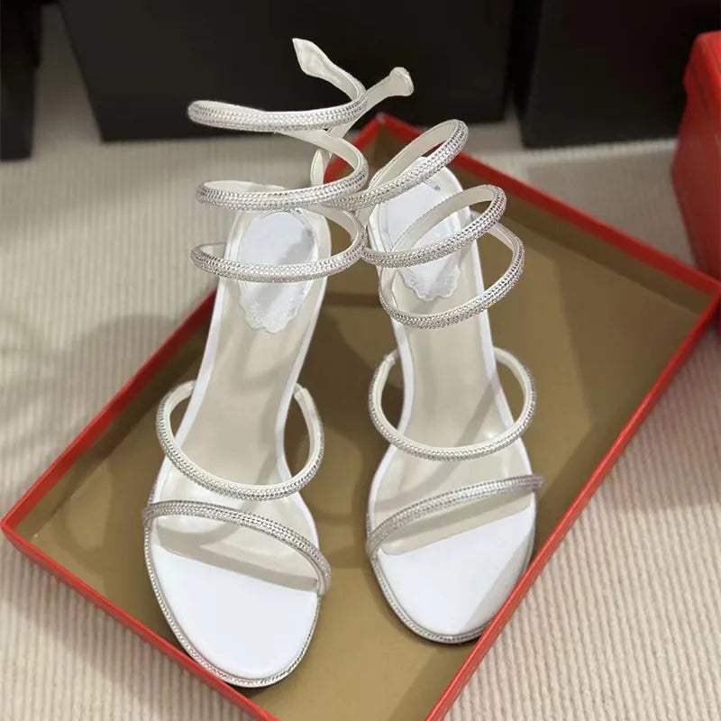 Fashion Summer Snake Twine Around Crystal Women Sandals Luxury Rhinestones Thin High heels Gladiator Sandals  Party Prom Shoes Pi-Mart