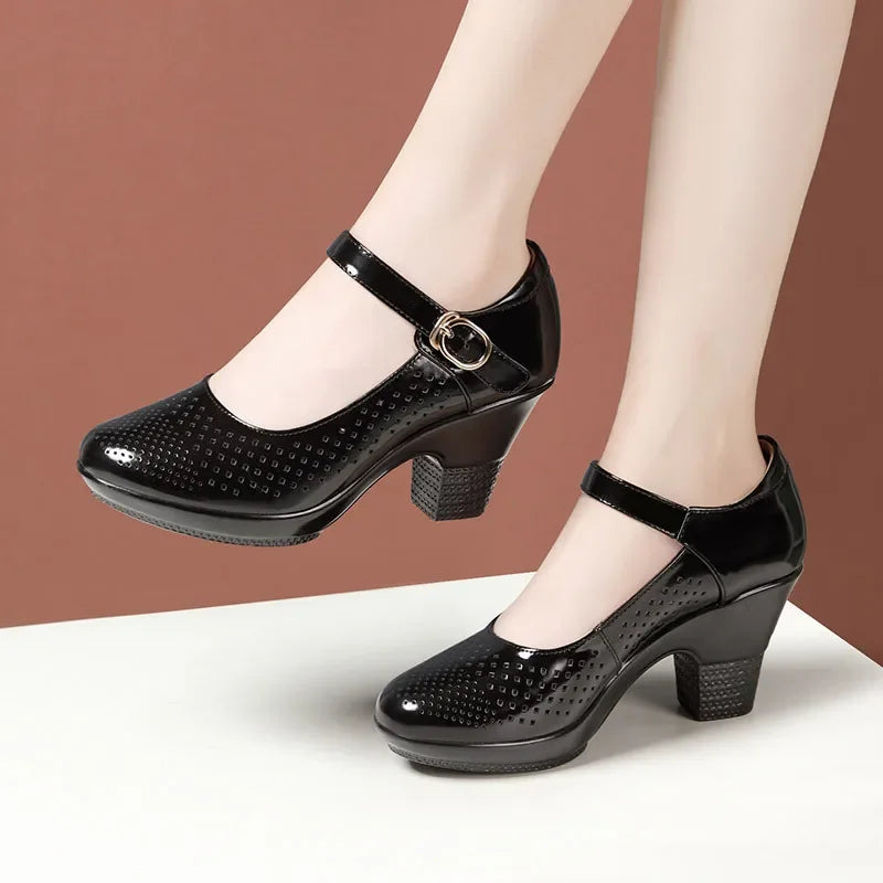 5.5cm 7.5cm Small Size 33 Breathable Cutout Block Heels Shoes Mary Janes 2026 Soft Leather Platform Pumps for Mom Dance Model Pi-Mart