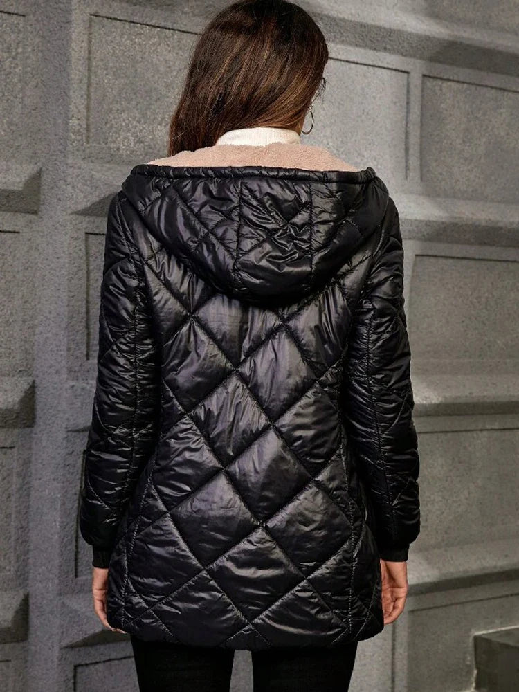Women Fleece Lined Hooded Quilted Coat Diamond Grid Puffer Jacket Warm Sherpa Lining Zip Up Mid Length Winter Outerwear Parka LadyShow.Store