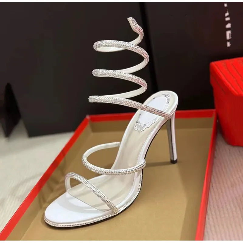 Fashion Summer Snake Twine Around Crystal Women Sandals Luxury Rhinestones Thin High heels Gladiator Sandals  Party Prom Shoes Pi-Mart