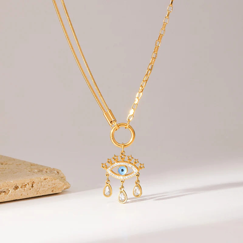 GANEMLY 316l Stainless Steel Luxury Bling Cubic Zirconia Eye Droplets Pendant Necklace Women Chic Romantic Waterproof Jewelry Pi-Mart