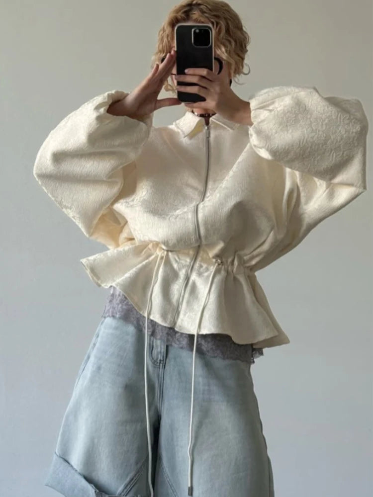Luxury Apricot Texture Jacket Drawstring Waist Slim Puff Sleeves 2026 Women's Autumn Jackets Chic Commute Date Daily Outerwear Pi-Mart
