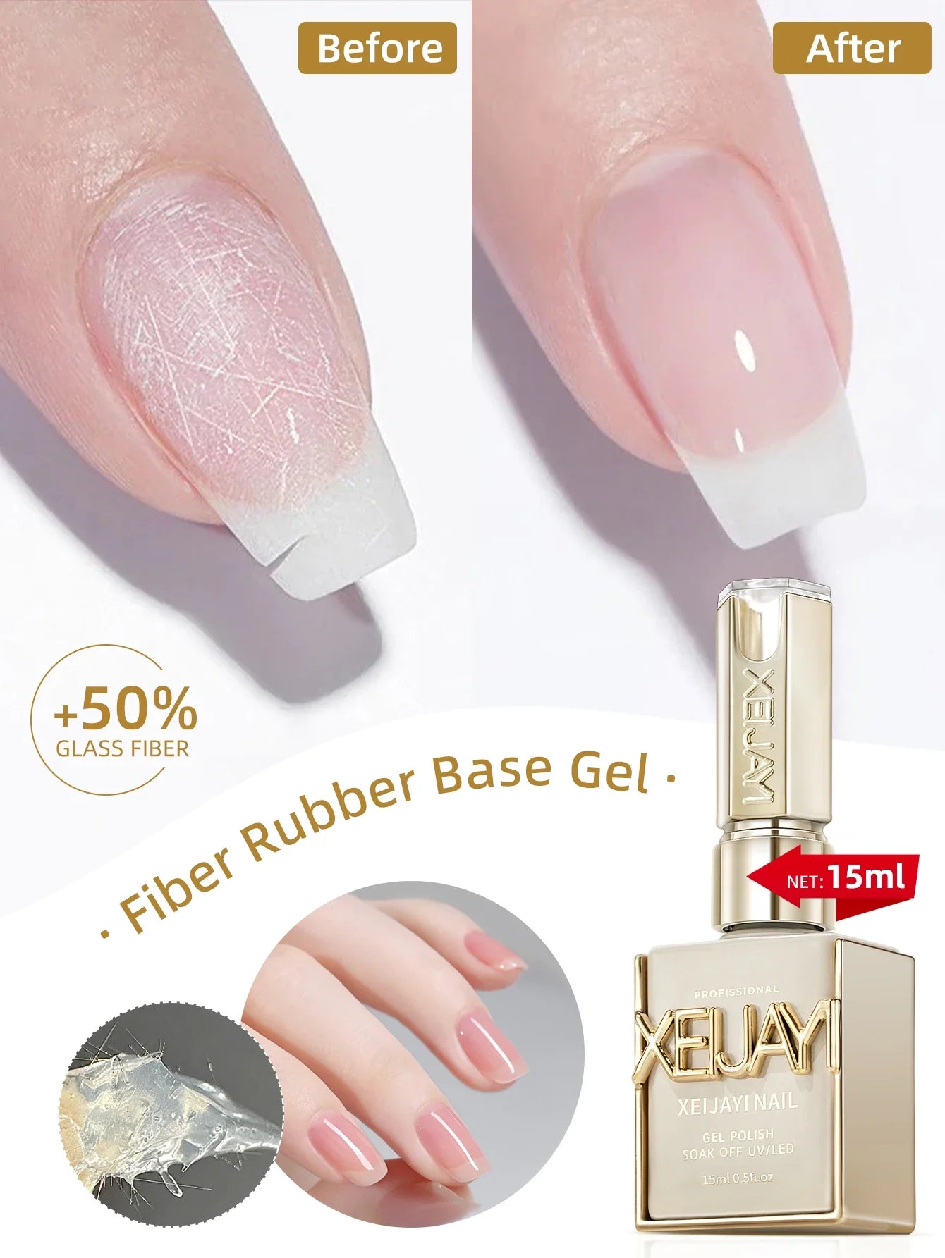 1pc 15ml Fiber Rubber Base Gel Nail Polish Starter Pure Soak Off No Wipe Nail Gel Polish Suitable For Home Manicure DIY Tri Light Beauty