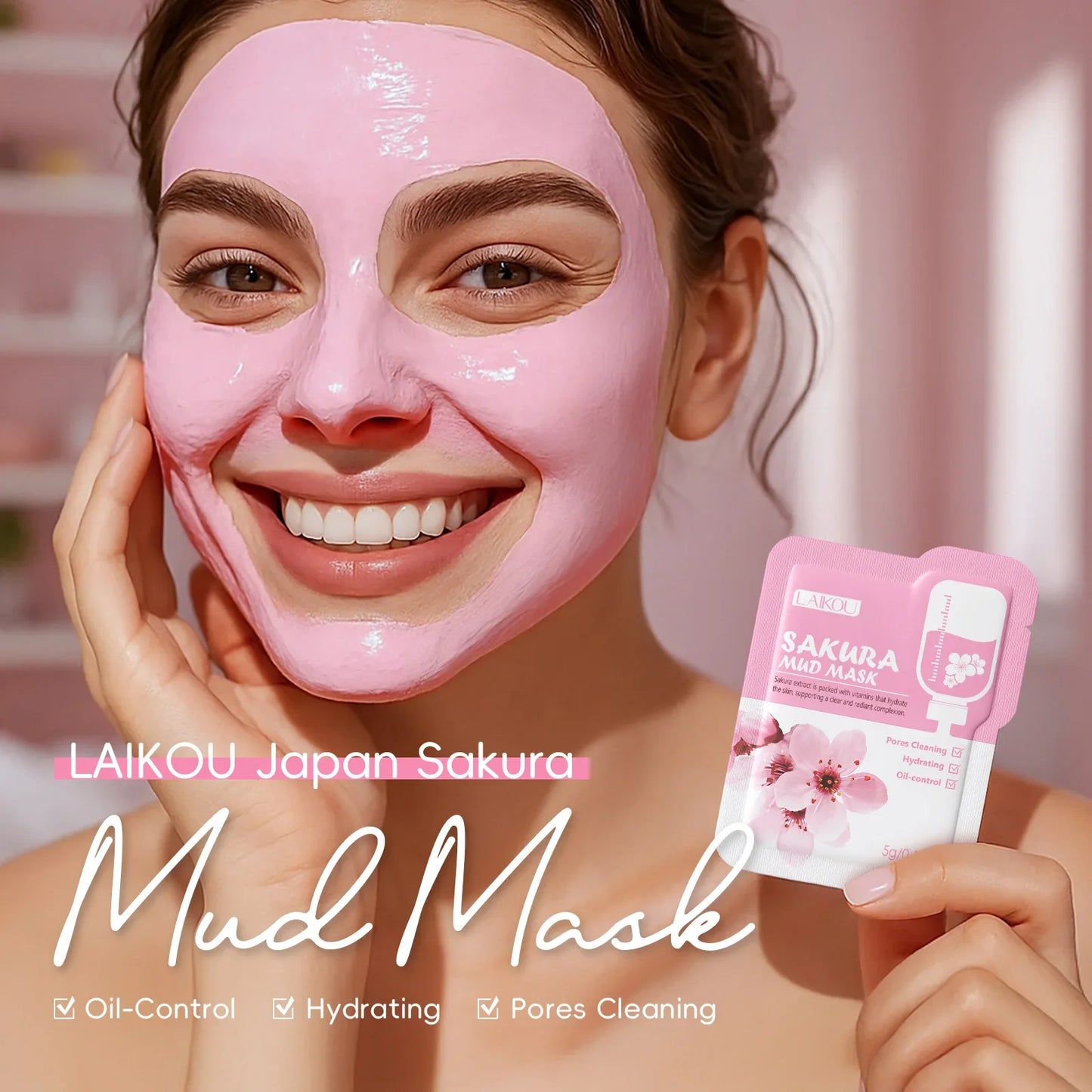 LAIKOU Japan Sakura Clay Mud Mask Hydrating Gentle Cleansing Refreshing Oil Balancing Daily Facial Skin Care Mask 5g Pi-Mart