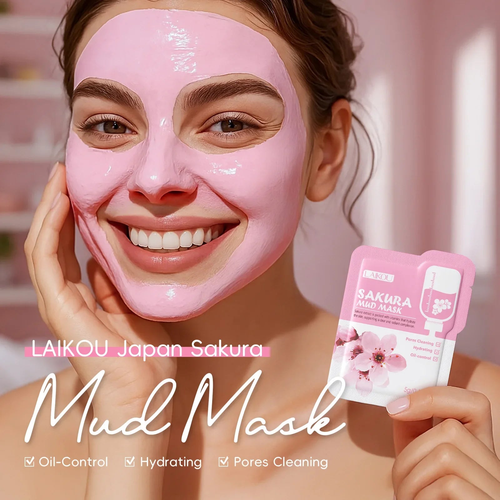 LAIKOU Japan Sakura Clay Mud Mask Hydrating Gentle Cleansing Refreshing Oil Balancing Daily Facial Skin Care Mask 5g Pi-Mart