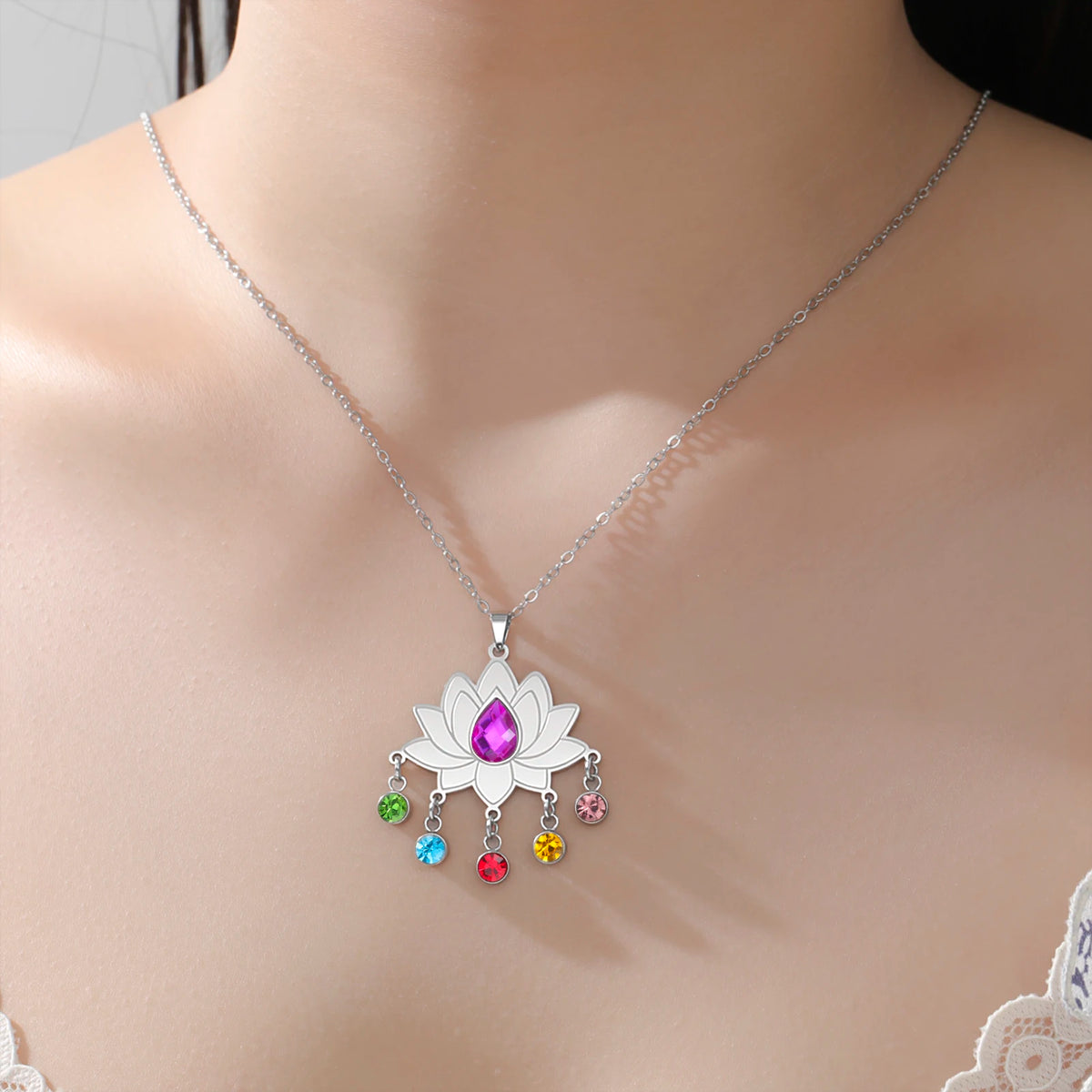 Gold Plated 7 Chakra Lotus Flower Necklace with Om Symbol Spiritual Yoga Jewelry Seven Colorful Zircon Lotus Flower Necklace Pi-Mart