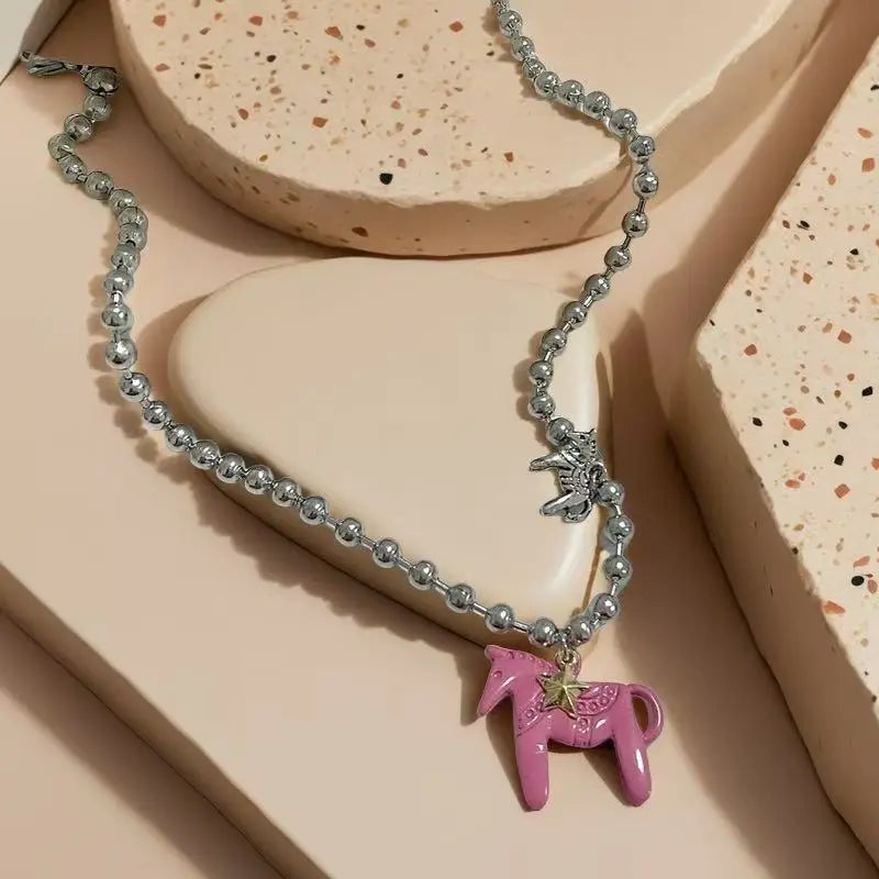 LATS White Black Green Blue Pink Color Enamel Colt Horse Pendant Necklaces for Women Silver Plated Alloy Beads Chain Chokers Pi-Mart