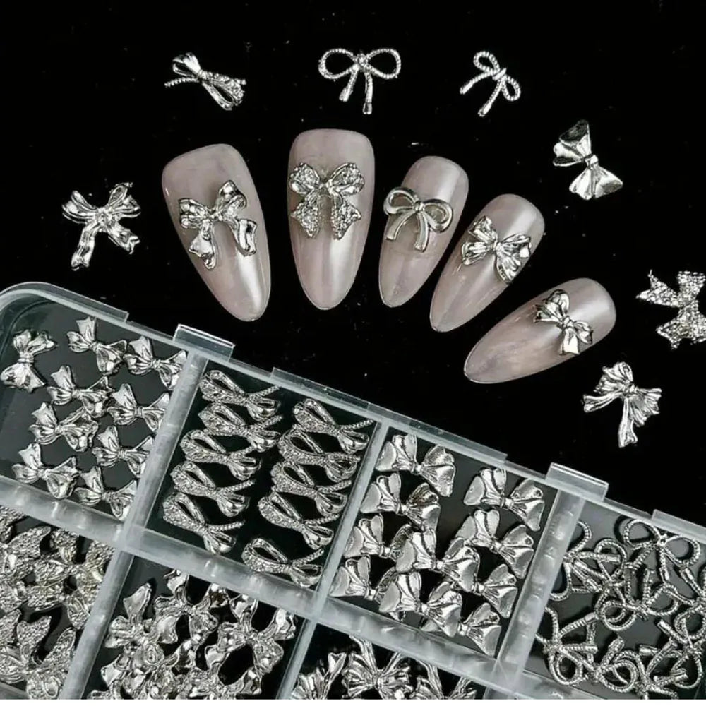 120Pcs/Box 3D Silver Exquisite Bowknot Nail Charms Simple Alloy Ribbon Bowtie Nail Art Decorations DIY Luxury Manicure Accessory Pi-Mart