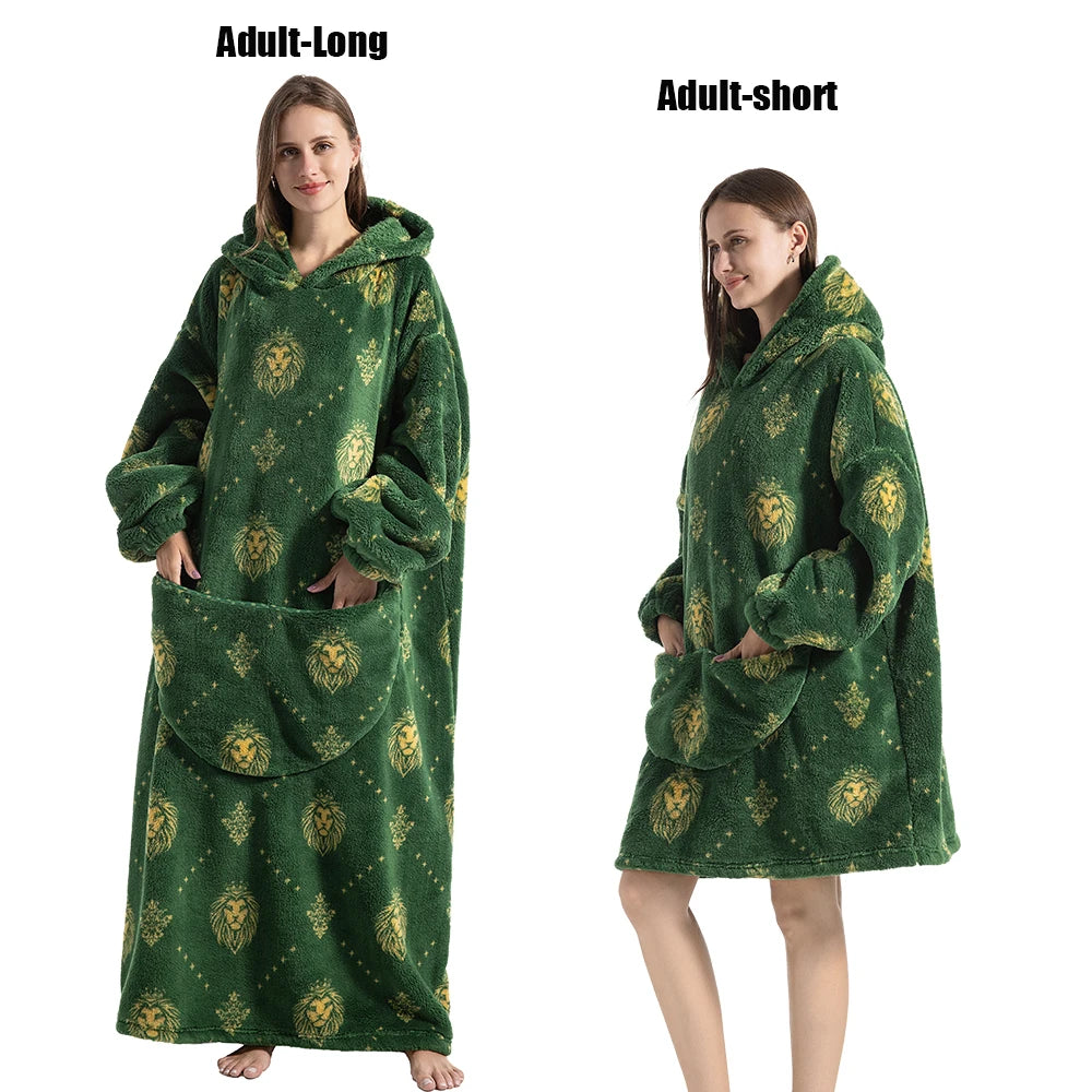 Women Plush Fleece Blanket Men Warm Thick Hoodies Adult Giant TV Blanlets with Sleeves Super Long Cold-proof Homewear Pajamas Pi-Mart