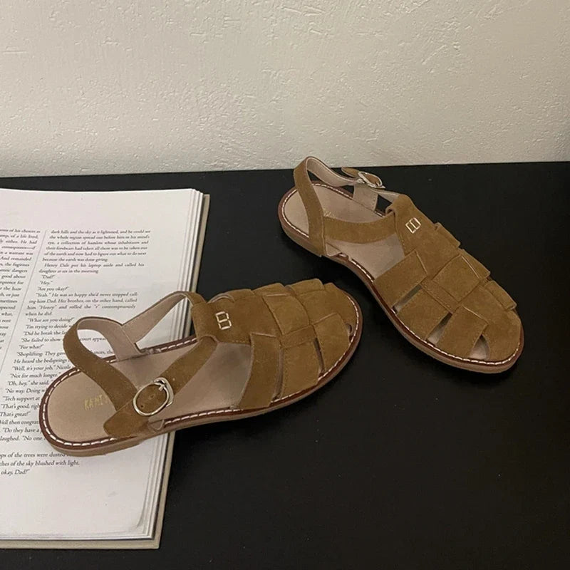 DIMANYU Women's Roman Sandals 2026 Summer New Flat Retro Real Leather Ladies Sandals Hollowed Women's Cage Shoes LadyShow.Store