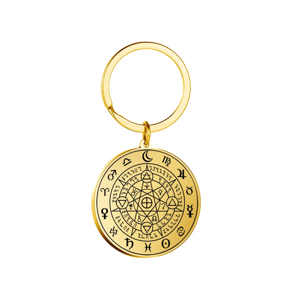 Dawapara Protection Secret Seal of Solomon Pendant Keychain Witchcraft Hexagram Wealth Fortune Amulet Stainless Steel Jewelry Pi-Mart