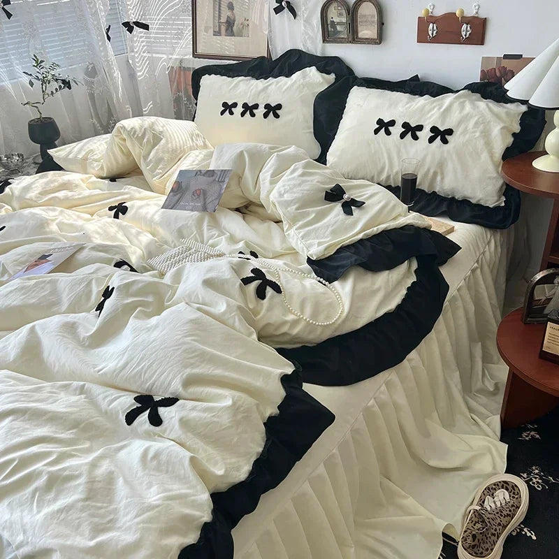 Black Bow Cotton Bedding Set, Princess Style Cute Girl Skin Friendly Soft Duvet Cover, Bed Sheet or Bed Skirt Pillowcase Pi-Mart