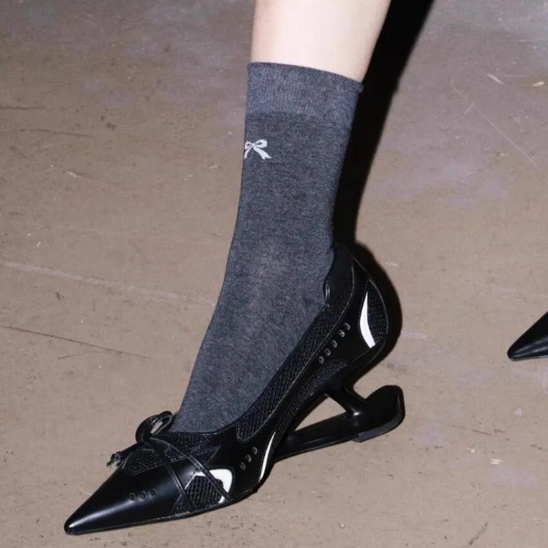 Special Heel Spliced Heels Pointed Toe Heels Women's Fashion Shallow Mouth Bow Non-Slip Mary Jane Single Shoes Large 42 LadyShow.Store