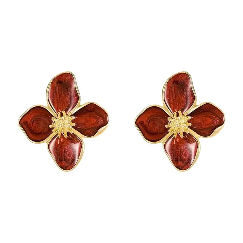 Fashion Korean Women Retro Drip Glaze Red Flower Earrings Women for Delicate Earrings Luxury Couple Engagement Jewelry Gift Pi-Mart