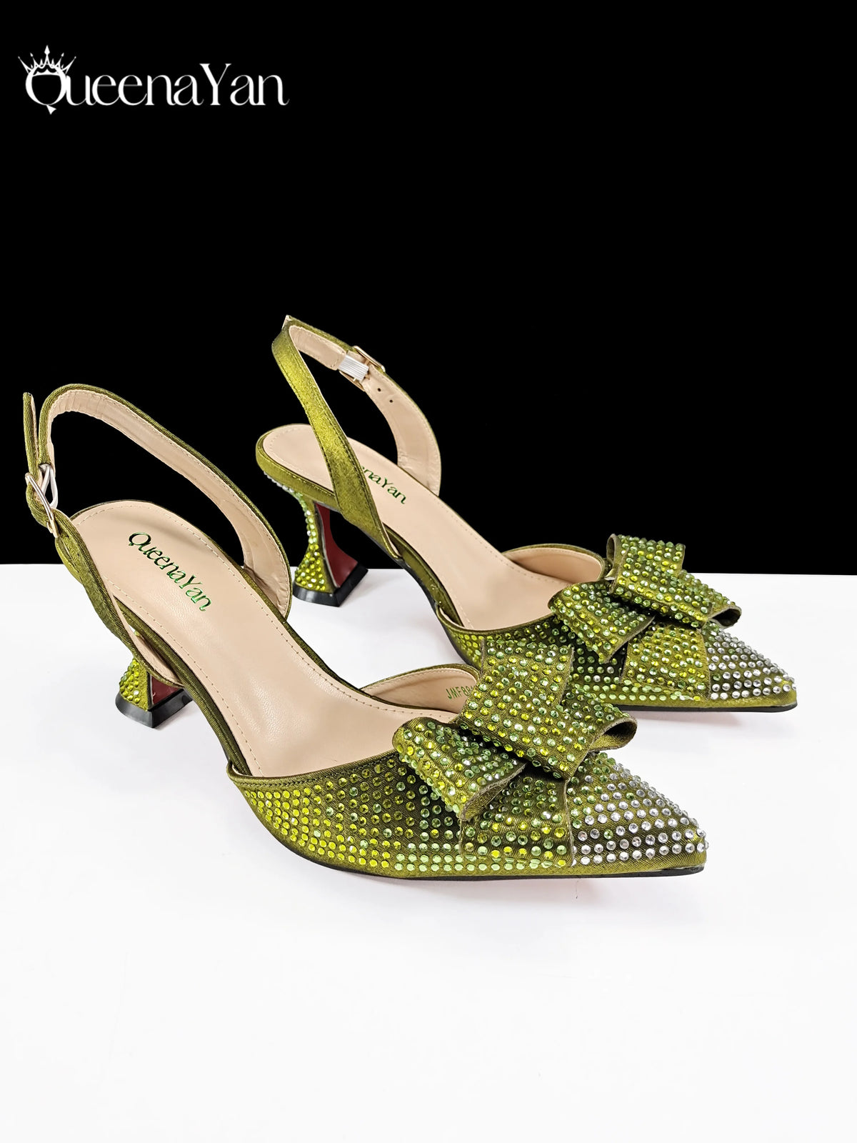 Queena Yan Newest Full of Rhinestone Design Olive Color Lady Sheos and Metal Bead-Embellished Handbag Set for Parrt Wedding Pi-Mart