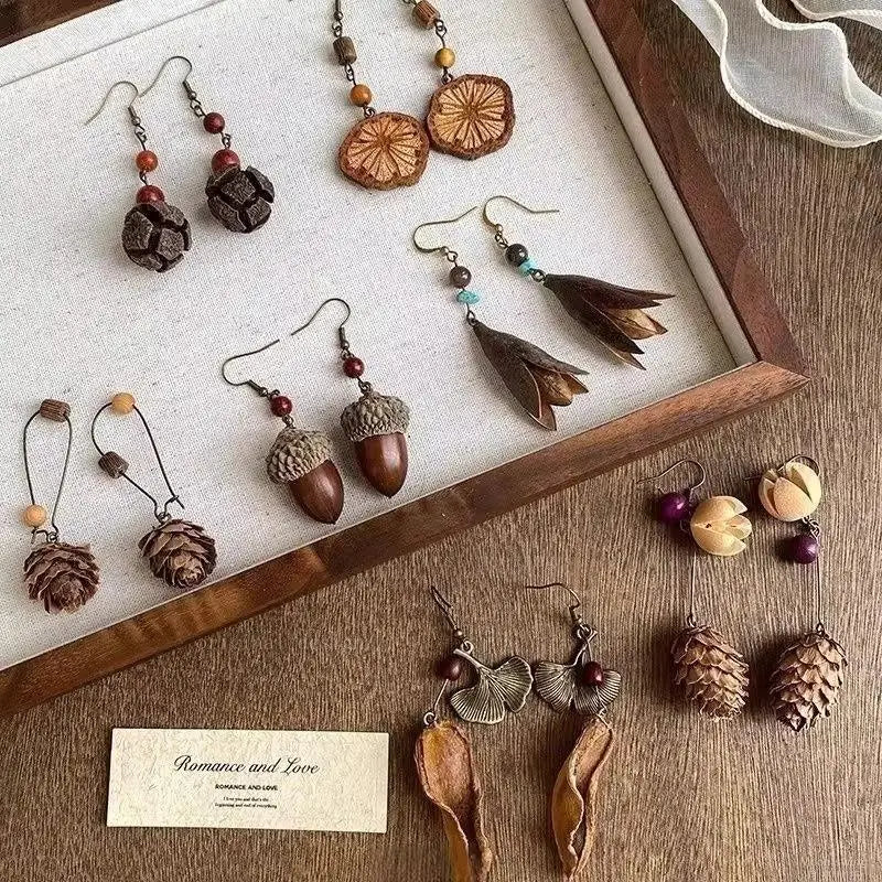 1Pair Vintage Wooden Plant Earring For Women Creative Natural Plant Dried Fruits Drop Earrings Ethnic Jewelry Pi-Mart