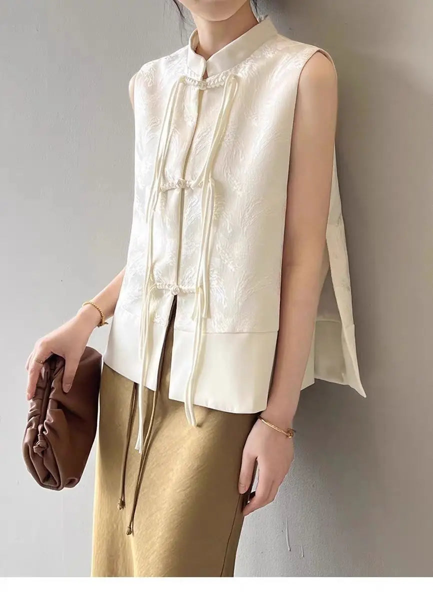 2026 spring new chinese new style plate buckle waistcoat jacket jacquard stand collar sleeveless retro women cheongsam waistcoat Pi-Mart
