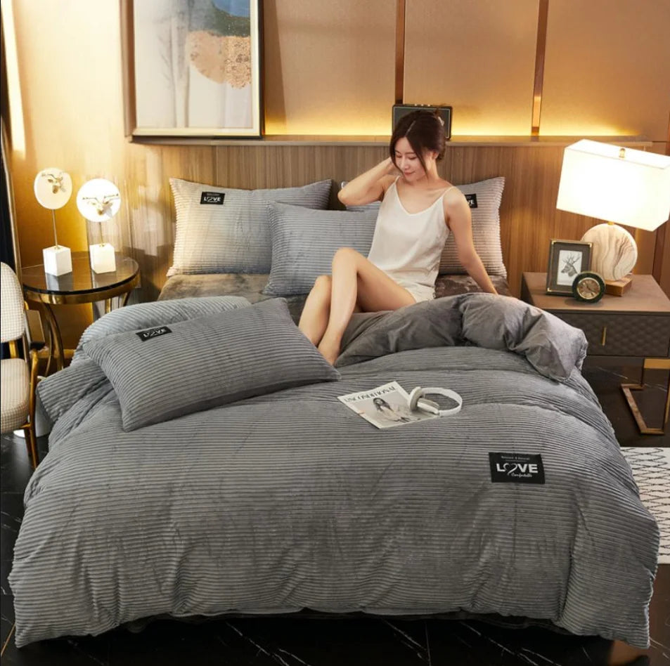 Warm Winter Duvet Cover Bedding Set Thick Solid Color Velvet Double Soft Quilt Cover Twin Queen King Comforter Cover Sets 220*24 Pi-Mart