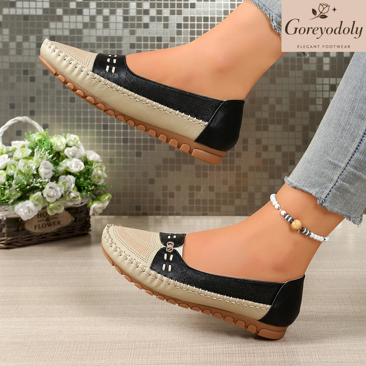 goreyodoly Women Slip On Loafers Wide Fit Comfortable Flats Lightweight Breathable Colorblock Shoes Chain Detail Durable Rubber Pi-Mart