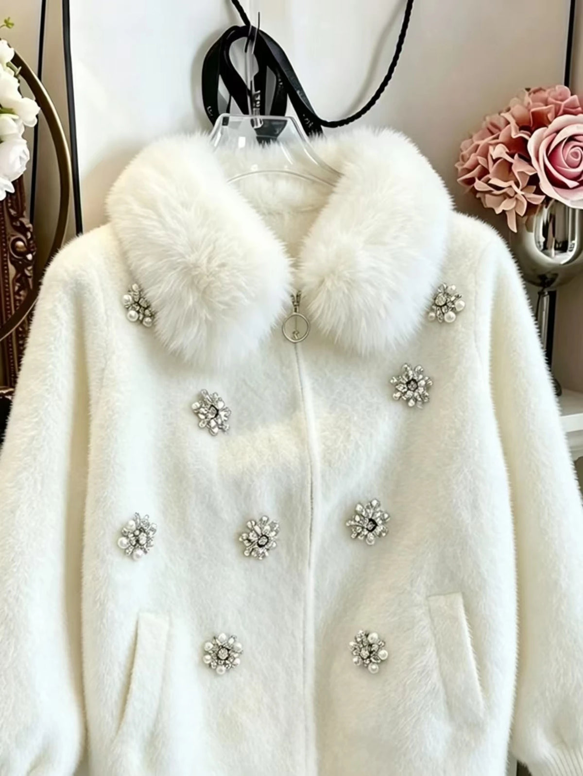 Luxury Diamonds Stitch Thick Winter Sweaters  Knitwear Coat Faux Fur Collar Knitted Cardigan Jacket Coat Women's Trend Sweater Pi-Mart