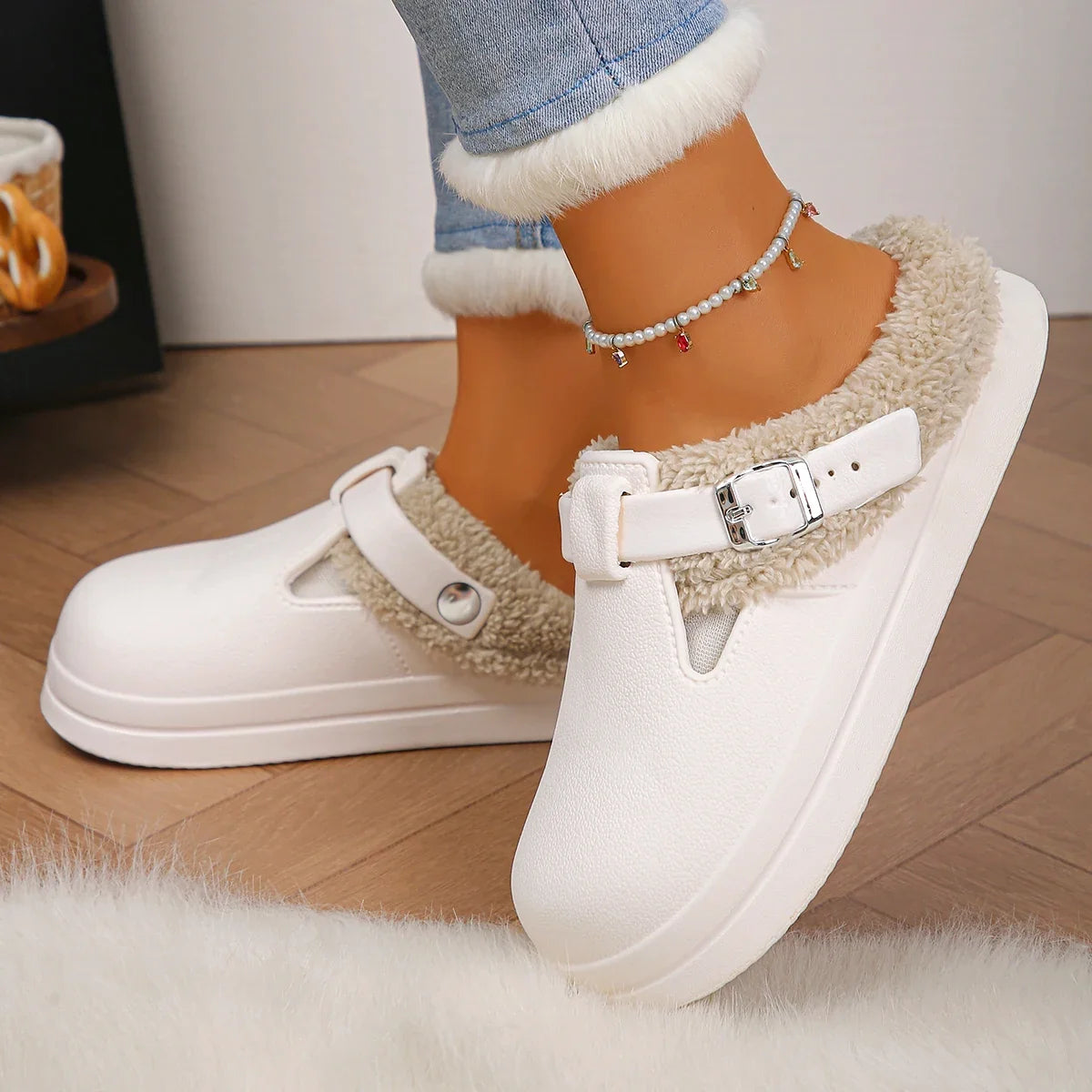 Waterproof Eva Furry Mules Slippers Women 2025 Winter Metal Buckle Warm Plush Slippers Soft Thick Bottom Non Slip Indoor Slides LadyShow.Store