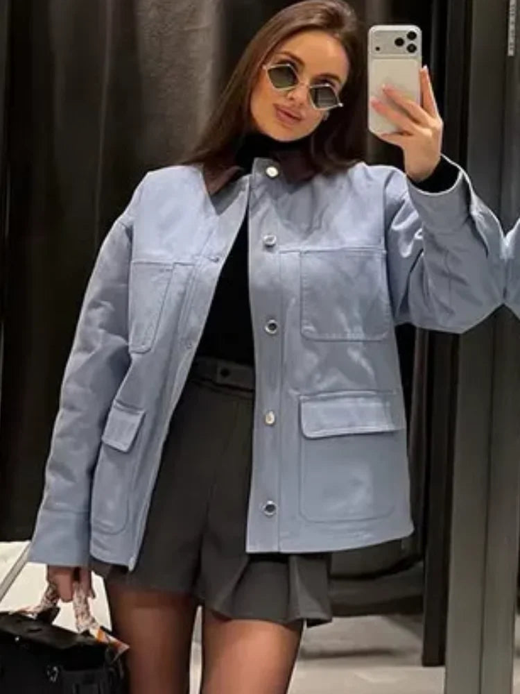 Women Blue Casual Multiple Patch Pocket Jacket Chic Corduroy Collar Single Breasted Short Coat 2026 Lady Daily Spring Wear New LadyShow.Store