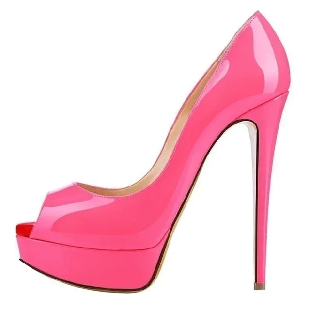 Women Pumps Sexy Platform Peep Toe 14cm Extremely Thin High Heels Stiletto Patent Leather Fashion Party Nighclub Wedding Shoes Pi-Mart