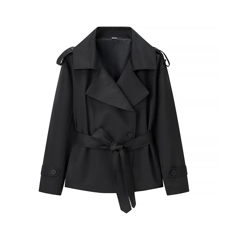 Fashion Women Lace Up Cropped Trench Coat 2026 Lapel Long Sleeves Wide Shoulder Windbreaker Jacket Lady Spring Commuting Outwear LadyShow.Store