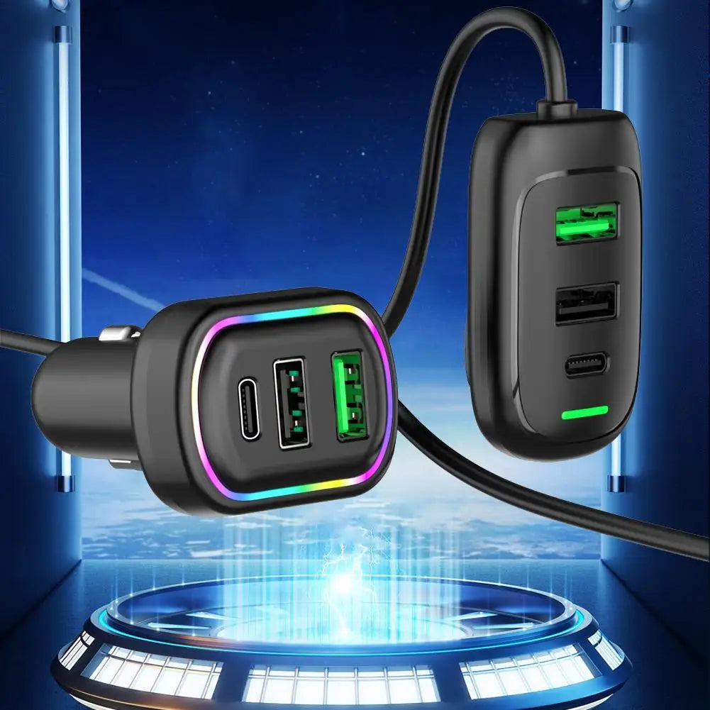 6-Ports USB Type-C Front And Rear Extension Car Charger With RGB Light PD Fast Charging Power Adapter For Iphone Tablet Pi-Mart