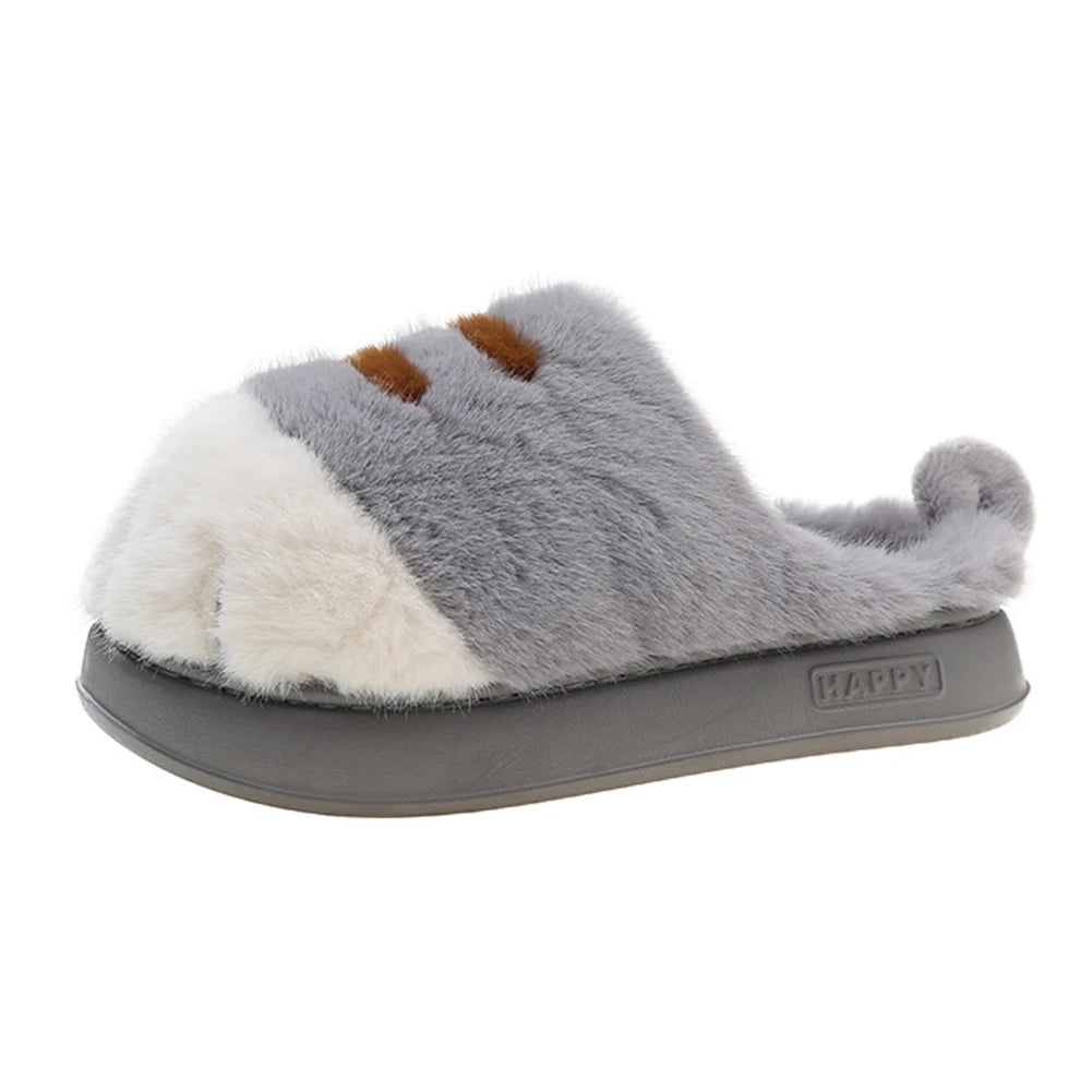 3D Cat Paw Plush Slippers Warm Slip-on House Shoes Anti Slip Flat Thermal Slippers Furry Paw Couple Slippers for Autumn Winter Pi-Mart