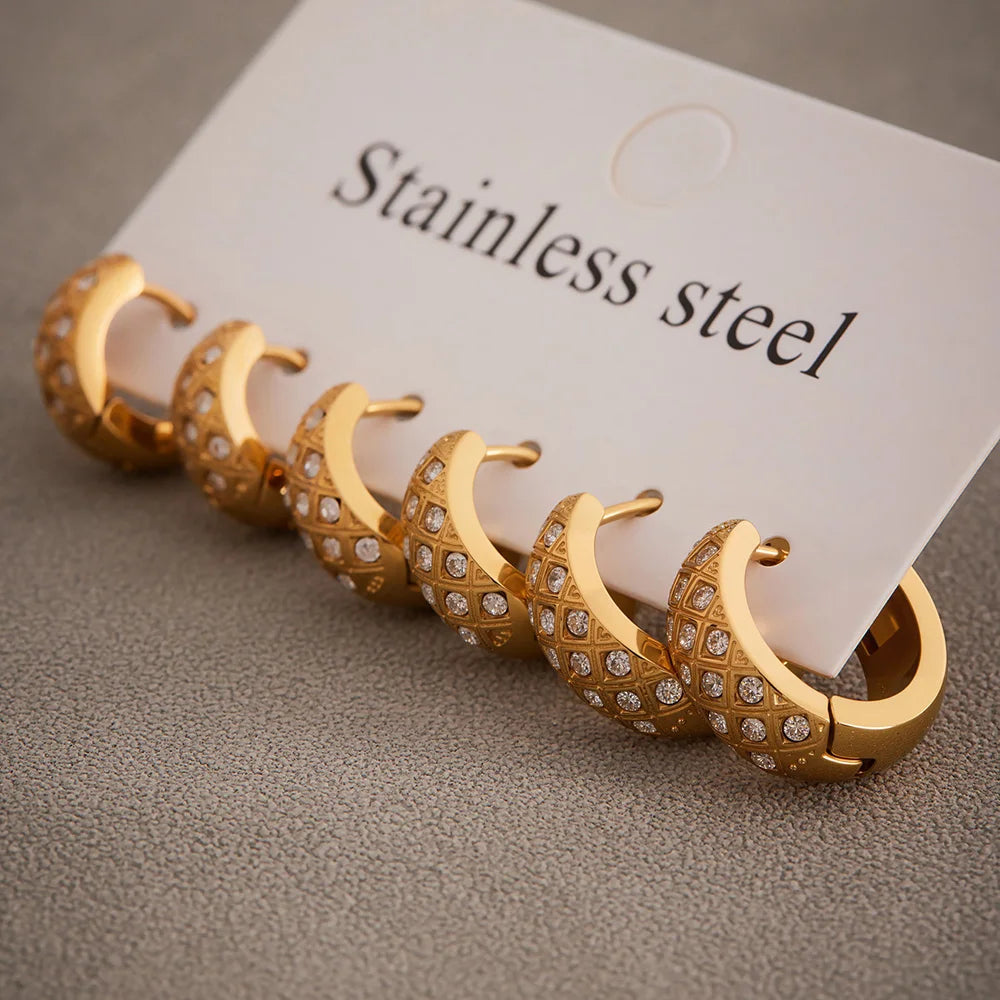 Liora Stainless Steel Zircon Women Hoop Earrings Metal Texture PVD Gold Plated Hypoallergenic Wedding Banquet Earrings Jewelry Pi-Mart