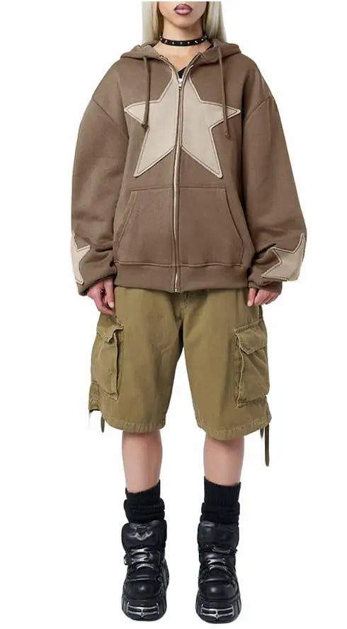 Y2K Vintage Star Print Hooded Hoodie for Women Casual Loose Long Sleeve Zip Up Drawstring Sweatshirts Autumn Spring Coat Street LadyShow.Store