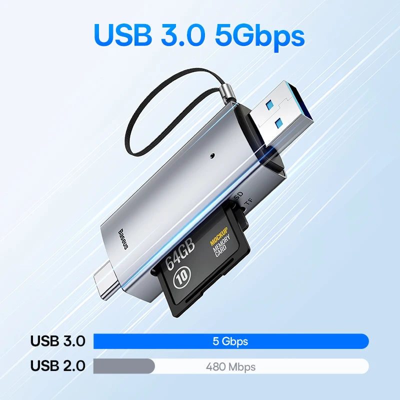 Baseus Card Reader USB C & USB3.0 to SD Micro SD TF Memory Card Device 104MB/s 2TB Smart Cardreader for Laptop Accessories Pi-Mart