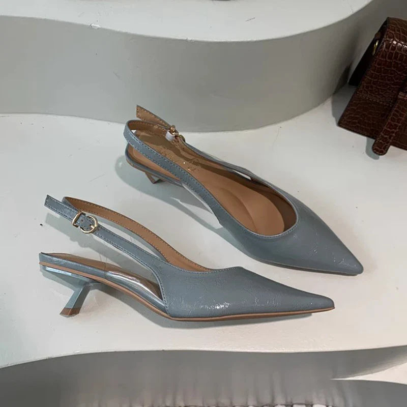SUOJIALUN Summer New Women Sandal Fashion Pointed Toe Shallow Slip On Ladies Elegant Slingback Shoes Thin Med Heel Dress Mules LadyShow.Store