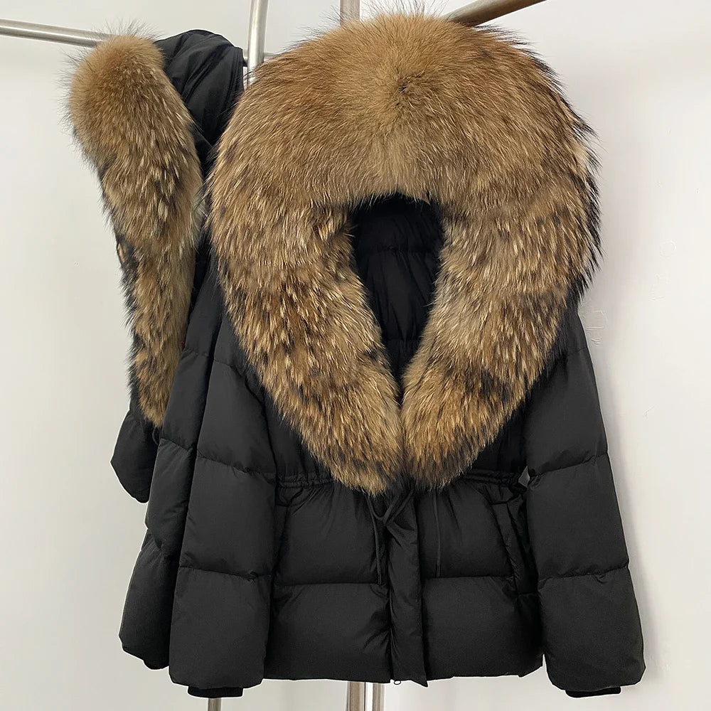 Reality Fur Jacket Real Fur Collar Duck Down Coat Female Winter Hooded Warm Fox Fur Coat Women Natural Raccoon Fur Puffer Jacket LadyShow.Store