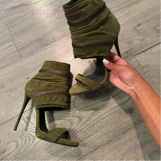 Dark Emerald Green Suede Ankle Wrap Sandals Women Open Stiletto Heel Round Toe Hot Chick Heels Metal Zip Cool Street Style Shoes LadyShow.Store