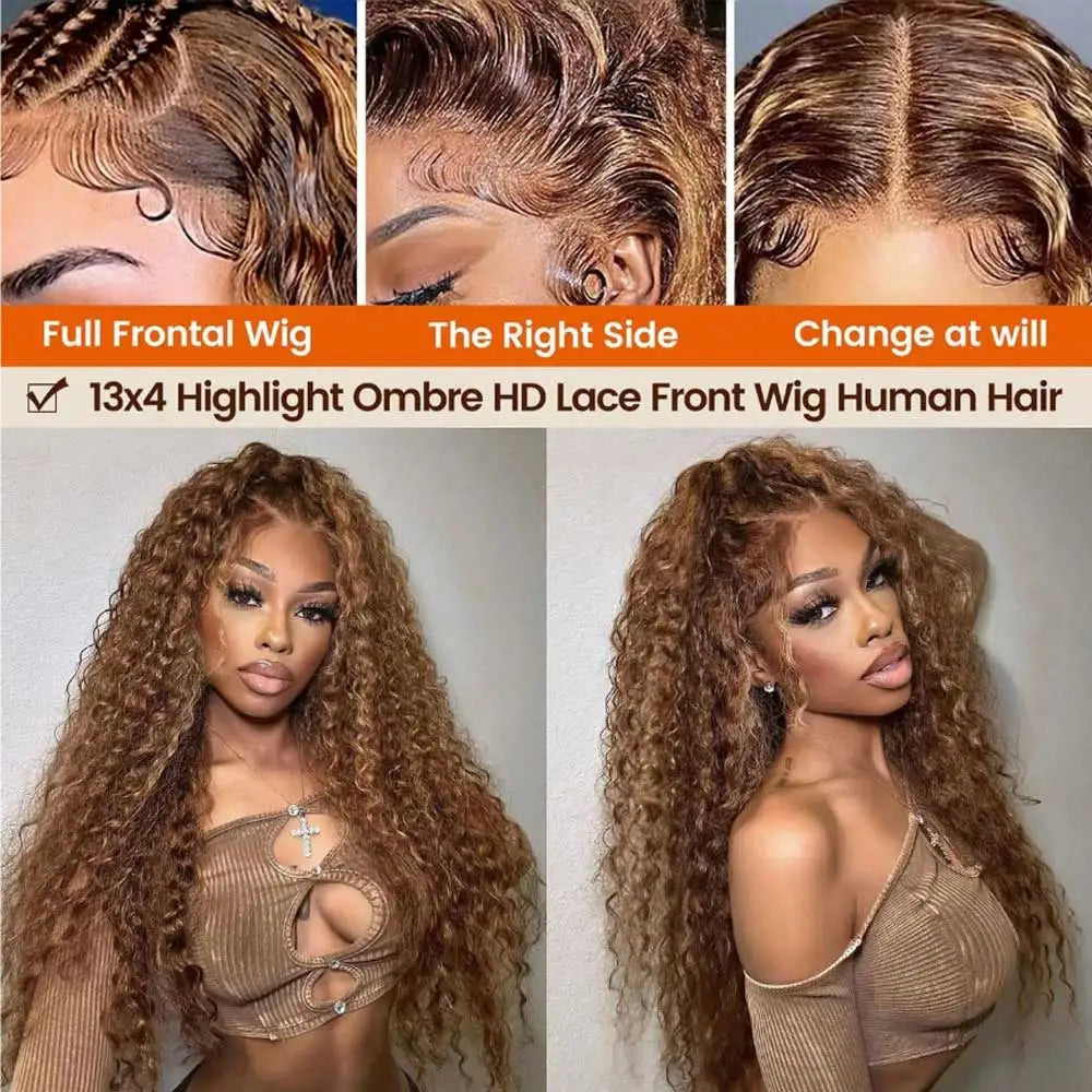 Highlight Curly Wig 13x4 Lace Front Wig Human Hair Wigs Glueless HD Deep Wave Lace Frontal Wig 4/27 Colored Wigs PrePlucked LadyShow.Store