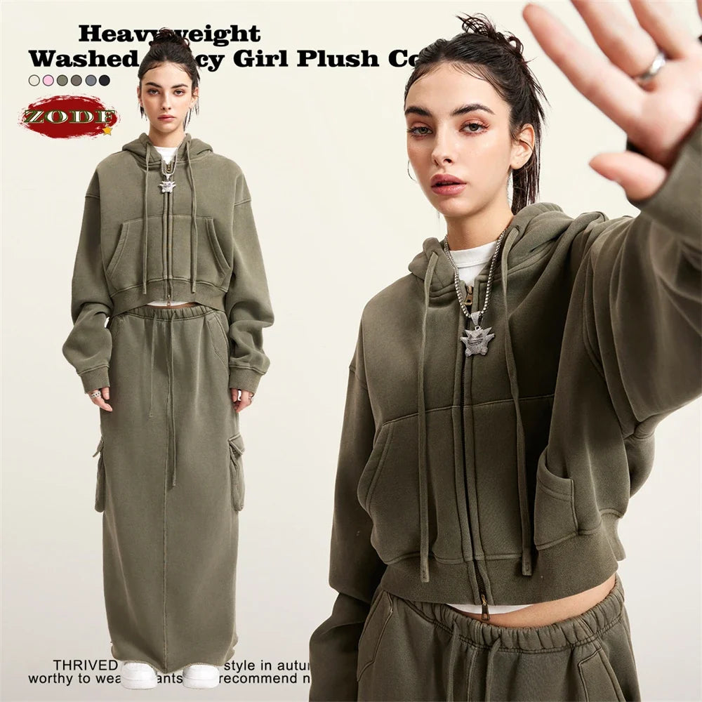 ZODF Retro 2025 Winter Women Short Zipper Hoodies Female Girls Loose 355gsm Thick Fleece Hooded Zip-up Coat Streetwears HY0448 LadyShow.Store