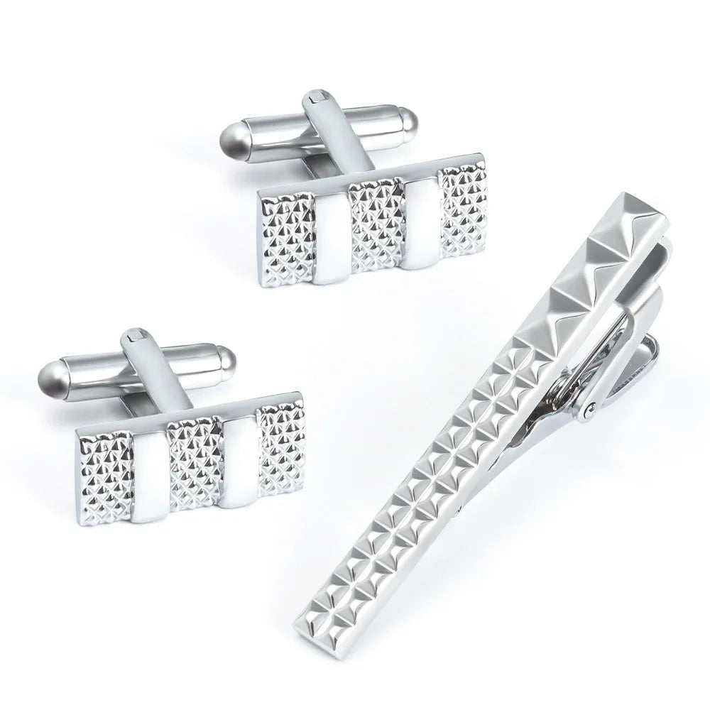 A Set New Stock High-End Electroplated Mesh Metal Tie Clip French Cufflinks Set for Men Premium Quality Stylish Grid Pi-Mart
