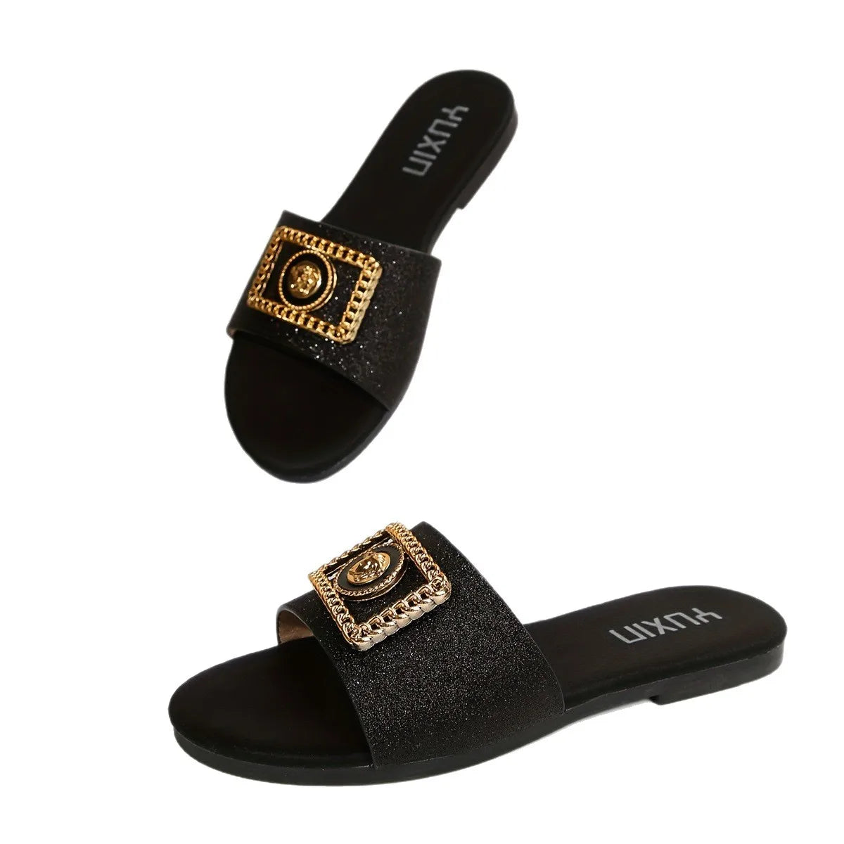 Women's Shoes New Fashion Slippers Classic Elegant Versatile Solid Color Metal Decoration Round Toe Flat Sandals LadyShow.Store