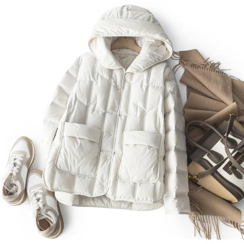 90% White Duck Down Women Down Jackets 2023 New Female Stand Collar Single-Breasted Puffer Jacket Casual Loose Hooded Parkas LadyShow.Store
