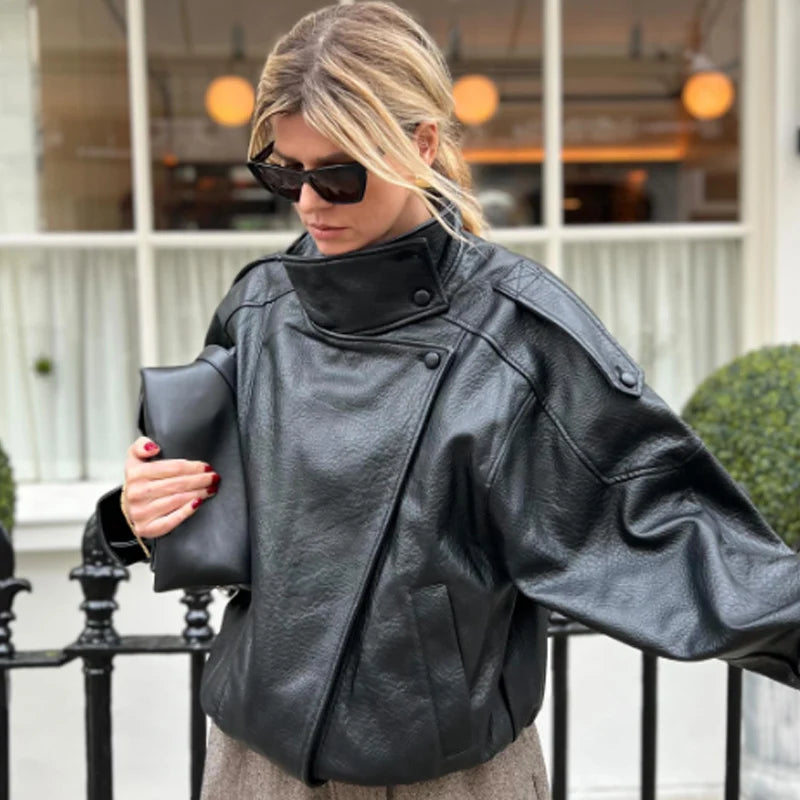 HXAO New Arrival Women's Bomber Jacket Leather Black Jackets Cropped Oversize Outerwears Zip-Up Long Sleeve Coats Outdoor Jacket Pi-Mart