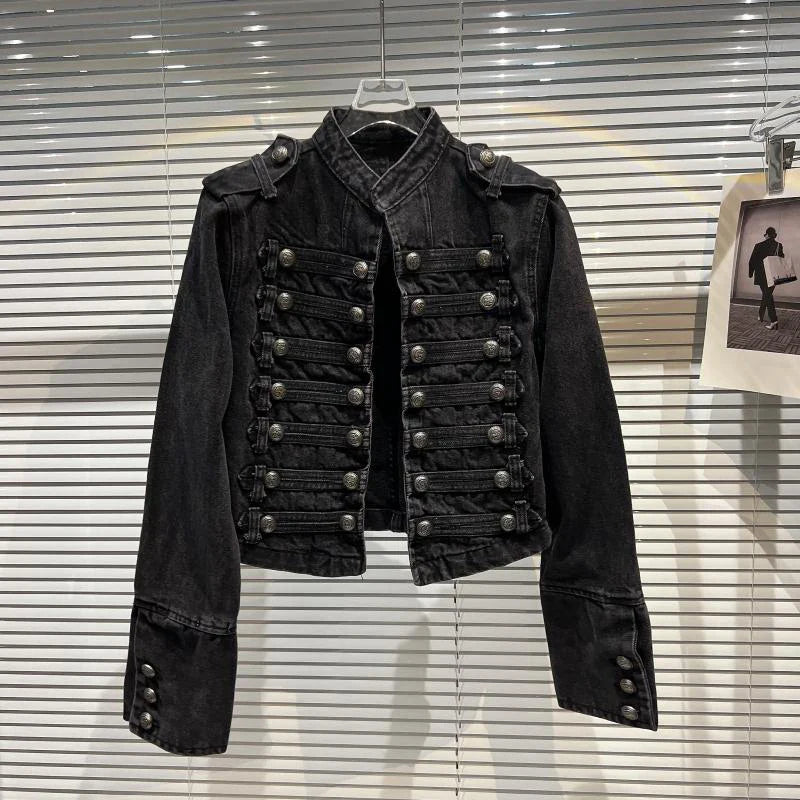 Punk Style Black Stand Up Collar Denim Jackets Vintage Washed Motor Coat For Women 2025 Autumn New Loose Long Sleeve Outerwear LadyShow.Store