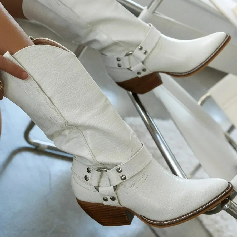New 2026 Women's Western Cowboy Boots Flock Cow Print Chunky Heel Pointer Toe Western Boots Casual Female Boots Botas Femininas Pi-Mart